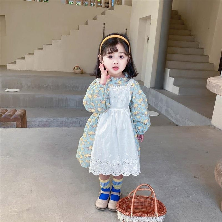 Girls Long Sleeve Floral Lolita Dress Cotton Dress with Apron 2 Pcs - MomyMall Blue 2 Pcs / 18-24 Months
