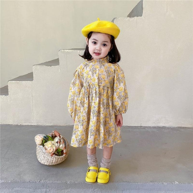 Girls Long Sleeve Floral Lolita Dress Cotton Dress with Apron 2 Pcs - MomyMall