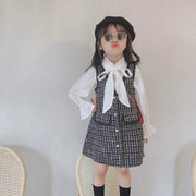 Girls Long Sleeve Dress Kids Houndstooth Vest+Dress 2 Pcs - MomyMall