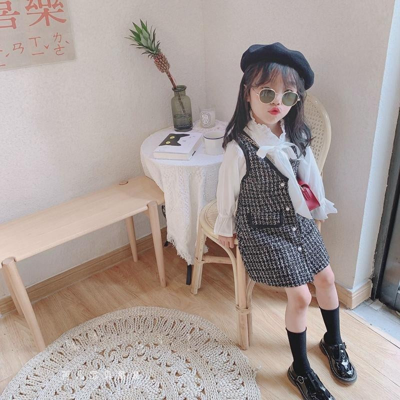 Girls Long Sleeve Dress Kids Houndstooth Vest+Dress 2 Pcs - MomyMall Black / 2-3 Years