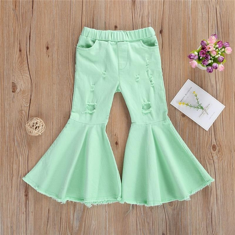 Toddler Baby Kids Girl Bell Bottom Pants Flare Denim Jeans Pants Leggings Trousers - MomyMall Green / 3-4Year