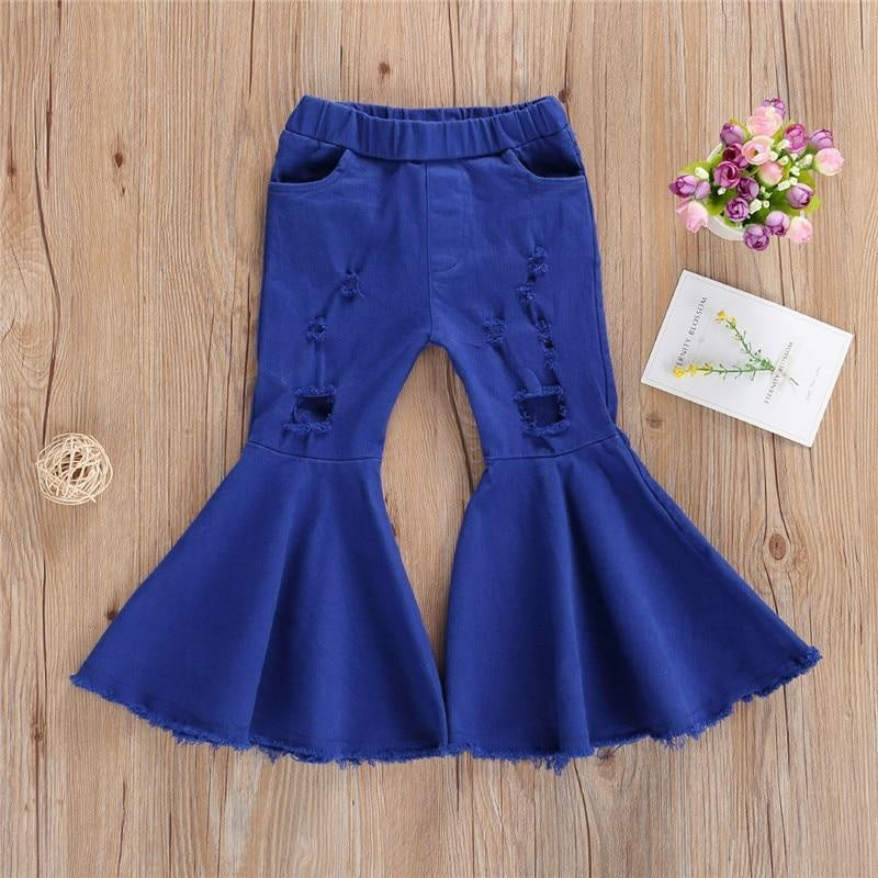 Toddler Baby Kids Girl Bell Bottom Pants Flare Denim Jeans Pants Leggings Trousers - MomyMall Blue / 3-4Year