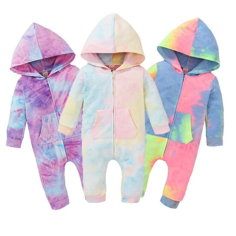 Infant Baby Kid Tie Dyeing Long Sleeve Hooded Zipper Romper - MomyMall