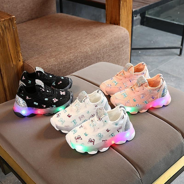 Baby Girl Butterfly Crystal Led Luminous casual breathable Glowing Sneakers Shoes - MomyMall