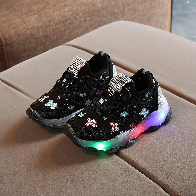 Baby Girl Butterfly Crystal Led Luminous casual breathable Glowing Sneakers Shoes - MomyMall