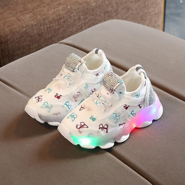 Baby Girl Butterfly Crystal Led Luminous casual breathable Glowing Sneakers Shoes - MomyMall White / US5.5/EU21/UK4.5Toddle