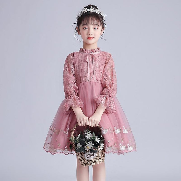 Girls Embriodery Lace Princess Tutu Birthday Party Formal Dresses - MomyMall 3-4 Years / Pink