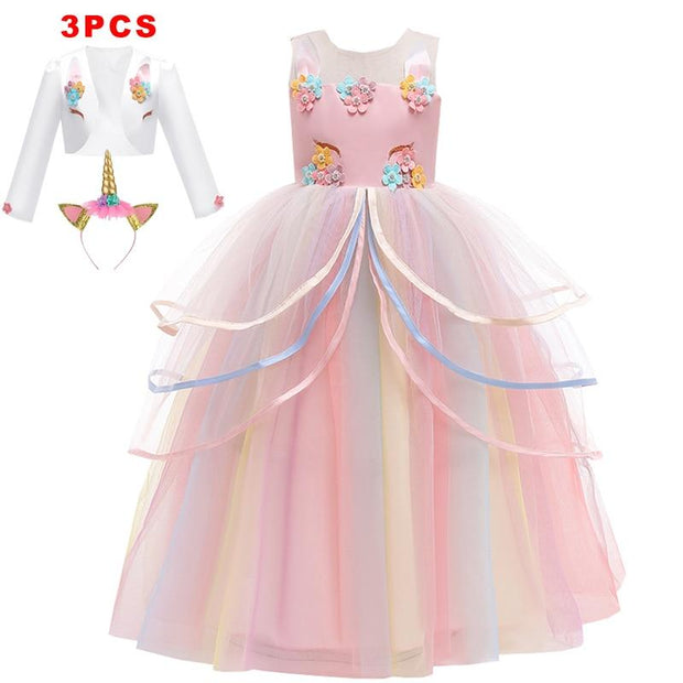 Girl Rainbow Unicorn Dress Party Easter Dress Up Costume 3-12 Years - MomyMall PINK 3 PCS SETS / 3-4 Years