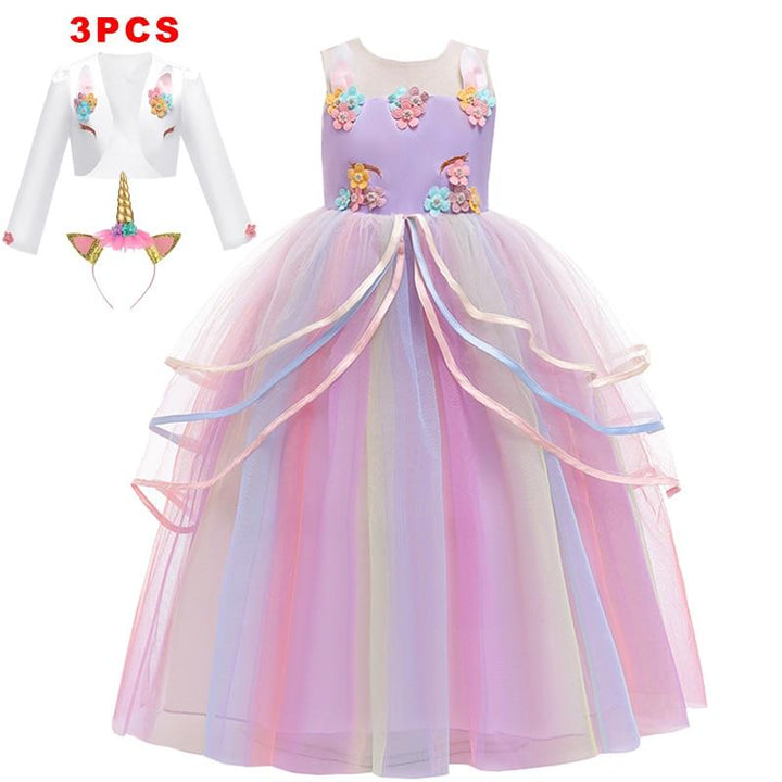 Girl Rainbow Unicorn Dress Party Easter Dress Up Costume 3-12 Years - MomyMall PURPLE 3 PCS SETS / 3-4 Years