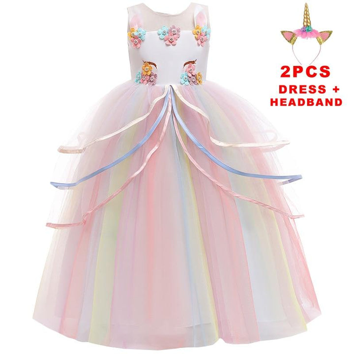Girl Rainbow Unicorn Dress Party Easter Dress Up Costume 3-12 Years - MomyMall WHITE 2 PCS SETS / 3-4 Years