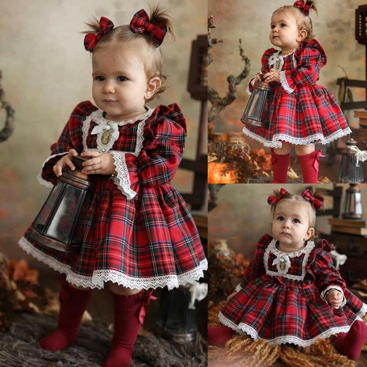 Toddler Kids Baby Girl Princess Red Plaid Ruffles Lace Tutu Dresses 1-6Y - MomyMall Red / 1-2 Years