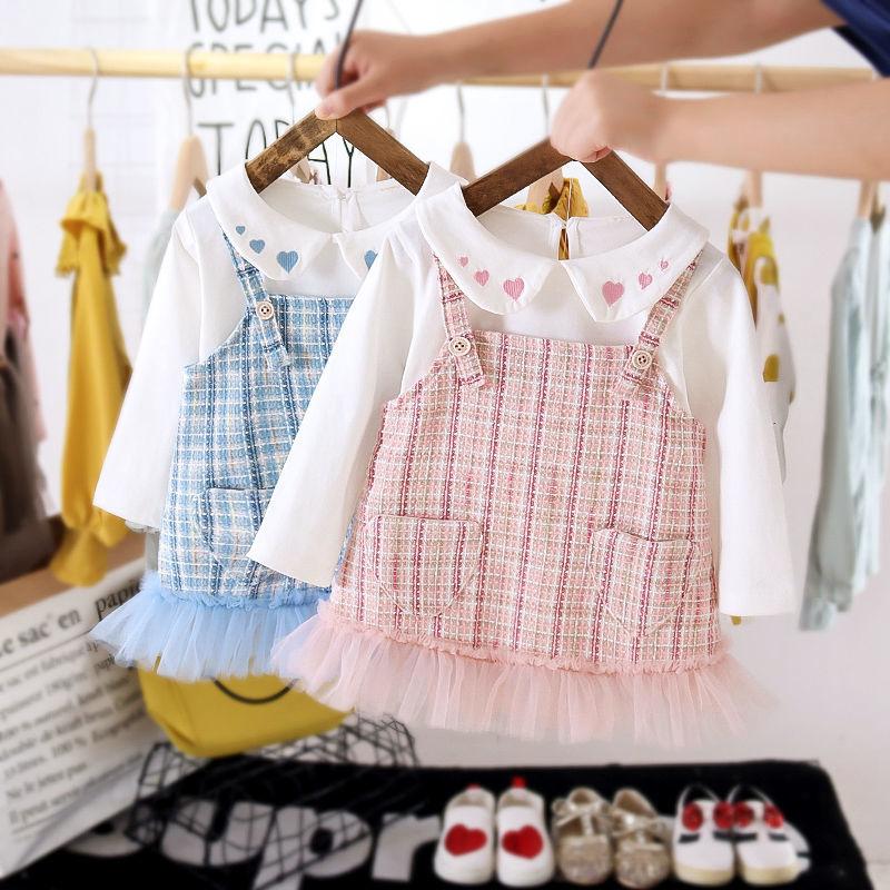 Girls Fashion Clothing Set White Sweatshirts+plaid Dress 2 Pcs - MomyMall