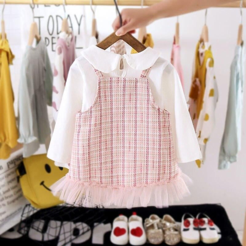 Girls Fashion Clothing Set White Sweatshirts+plaid Dress 2 Pcs - MomyMall