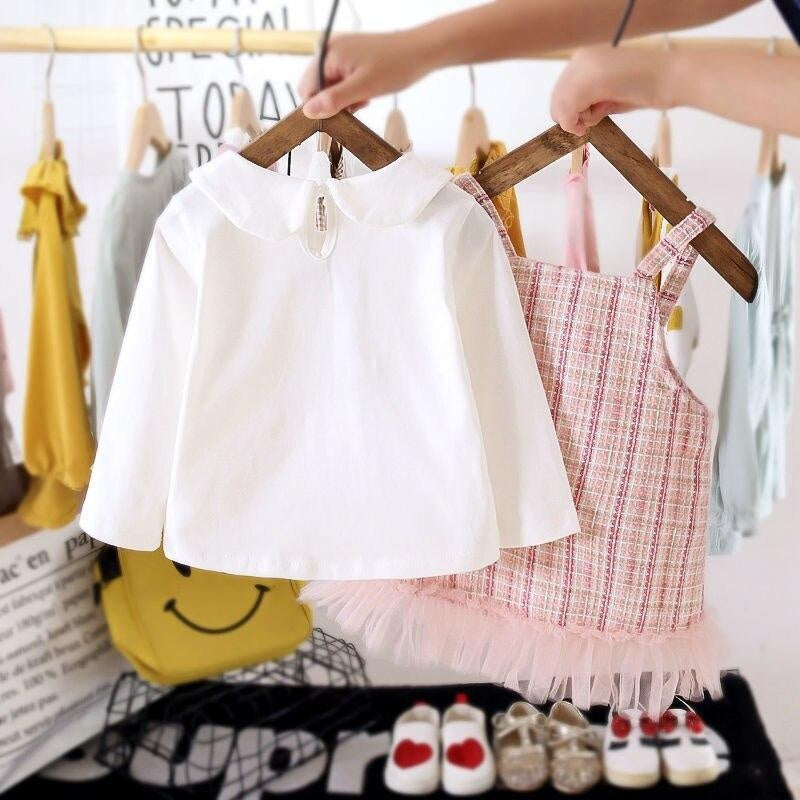 Girls Fashion Clothing Set White Sweatshirts+plaid Dress 2 Pcs - MomyMall