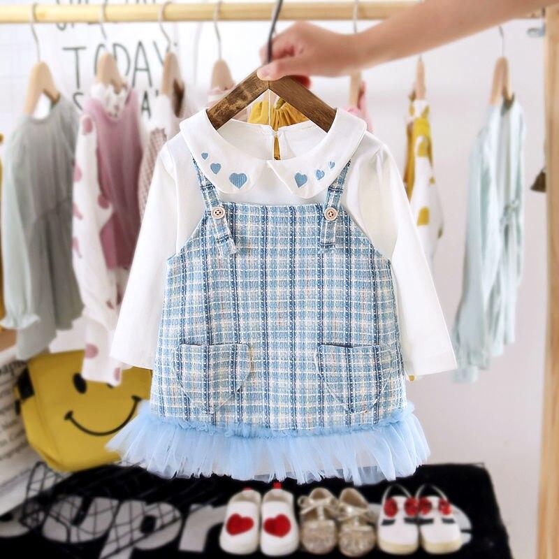 Girls Fashion Clothing Set White Sweatshirts+plaid Dress 2 Pcs - MomyMall Blue / 18-24 Months