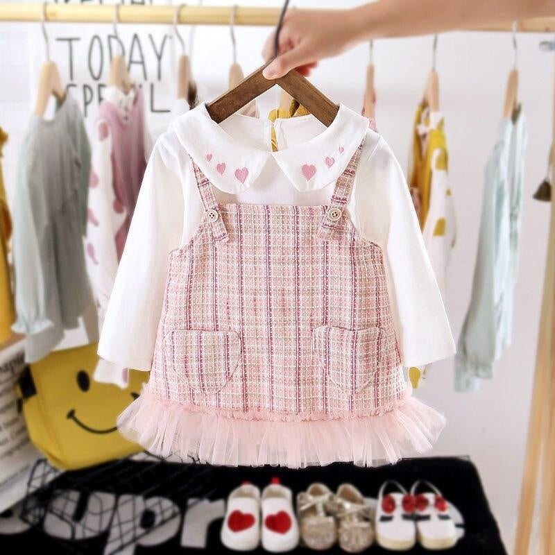 Girls Fashion Clothing Set White Sweatshirts+plaid Dress 2 Pcs - MomyMall Pink / 18-24 Months