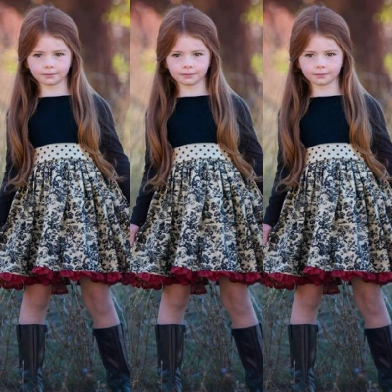 Girls Fashion Dresses Spring Ruffled Squares Apparel Casual Dress - MomyMall Black / 3-4 Years