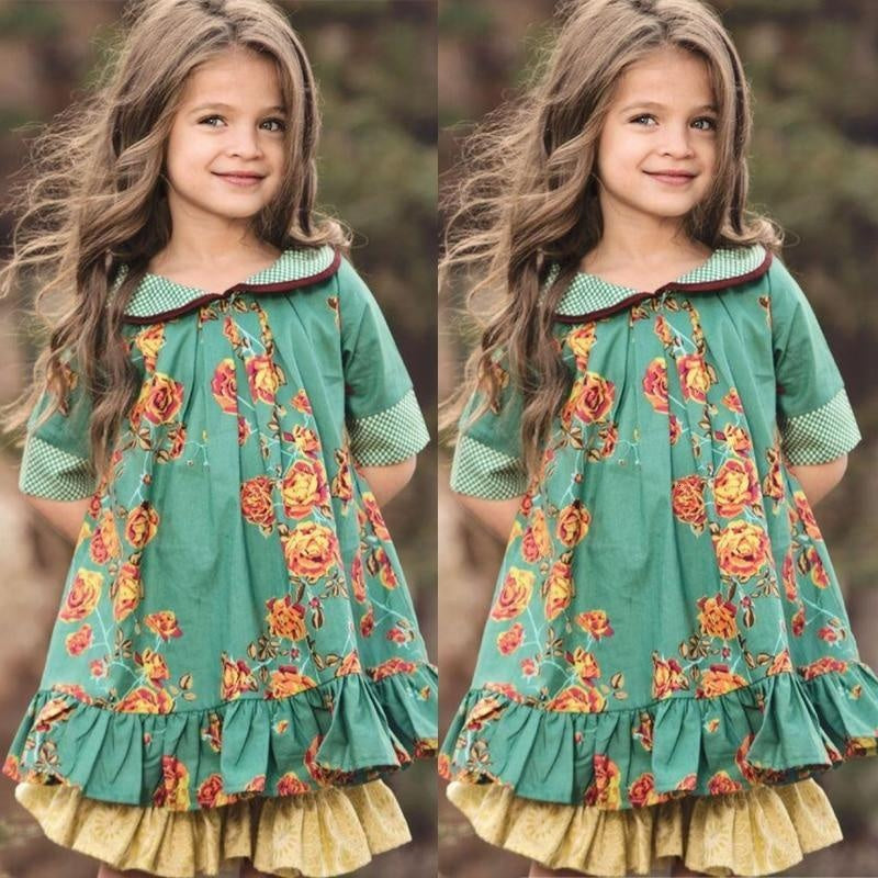 Girls Fashion Dresses Spring Ruffled Squares Apparel Casual Dress - MomyMall Green / 3-4 Years