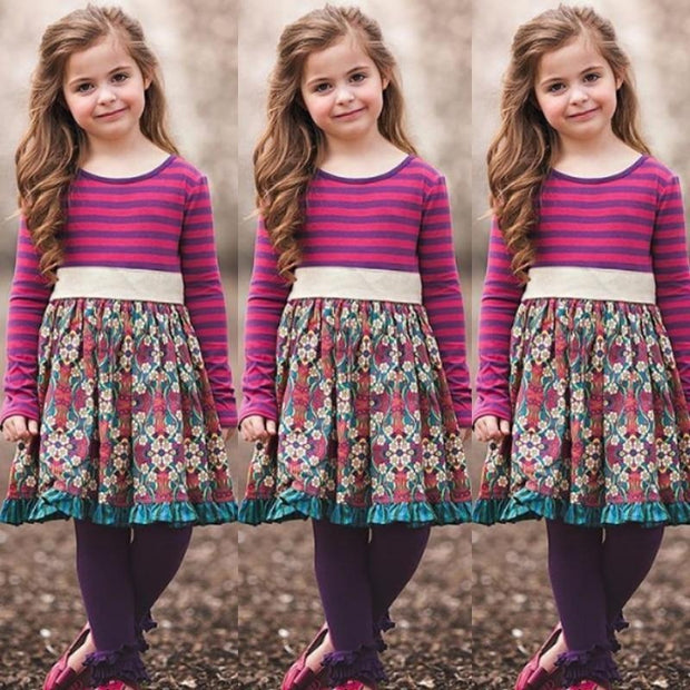 Girls Fashion Dresses Spring Ruffled Squares Apparel Casual Dress - MomyMall Purple / 3-4 Years