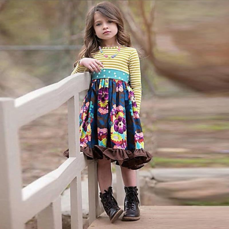 Girls Spring Autum Dress Kids Flower Pastoral Striped Dresses 3-12 Years - MomyMall