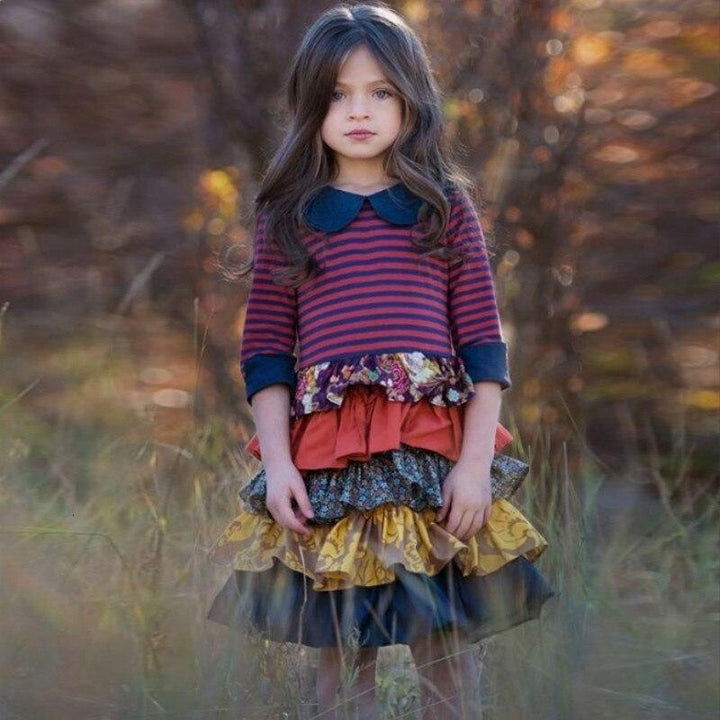 Girls Spring Autum Dress Kids Flower Pastoral Striped Dresses 3-12 Years - MomyMall