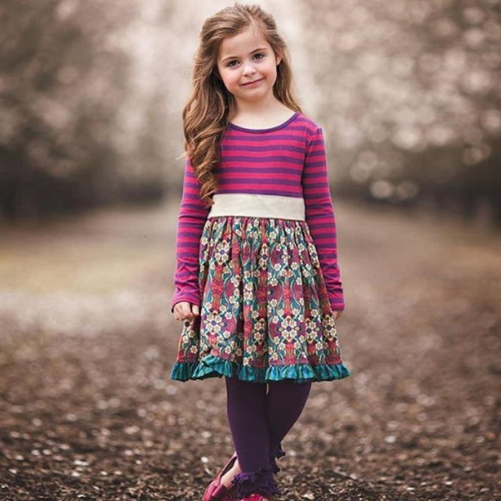 Girls Spring Autum Dress Kids Flower Pastoral Striped Dresses 3-12 Years - MomyMall Pink / 3-4 Years