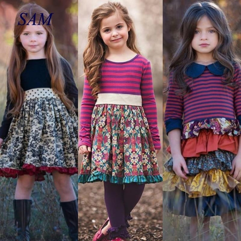 Girls Spring Autum Dress Kids Flower Pastoral Striped Dresses 3-12 Years - MomyMall