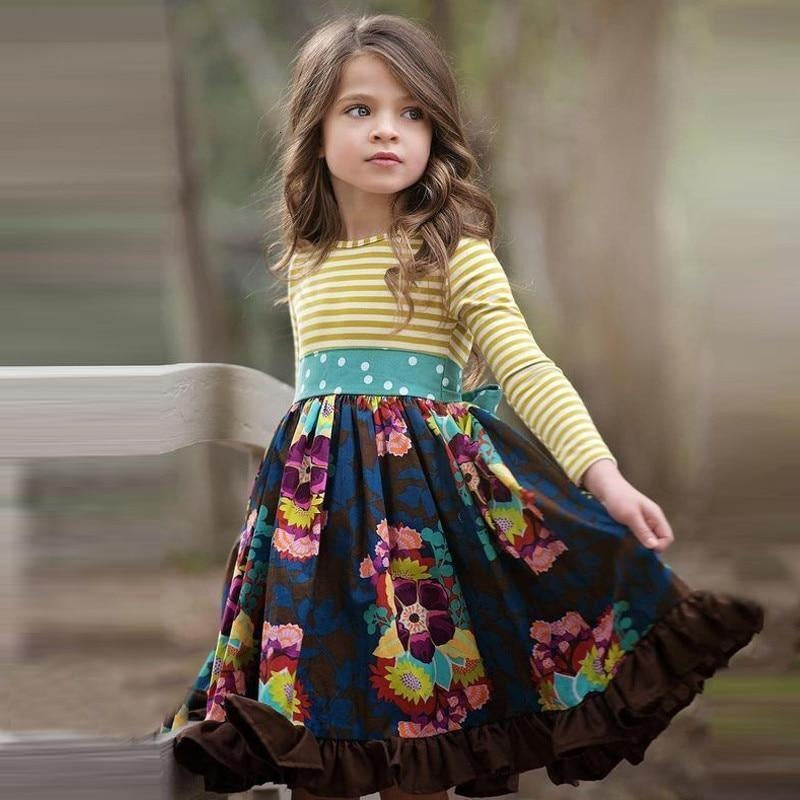 Girls Spring Autum Dress Kids Flower Pastoral Striped Dresses 3-12 Years - MomyMall