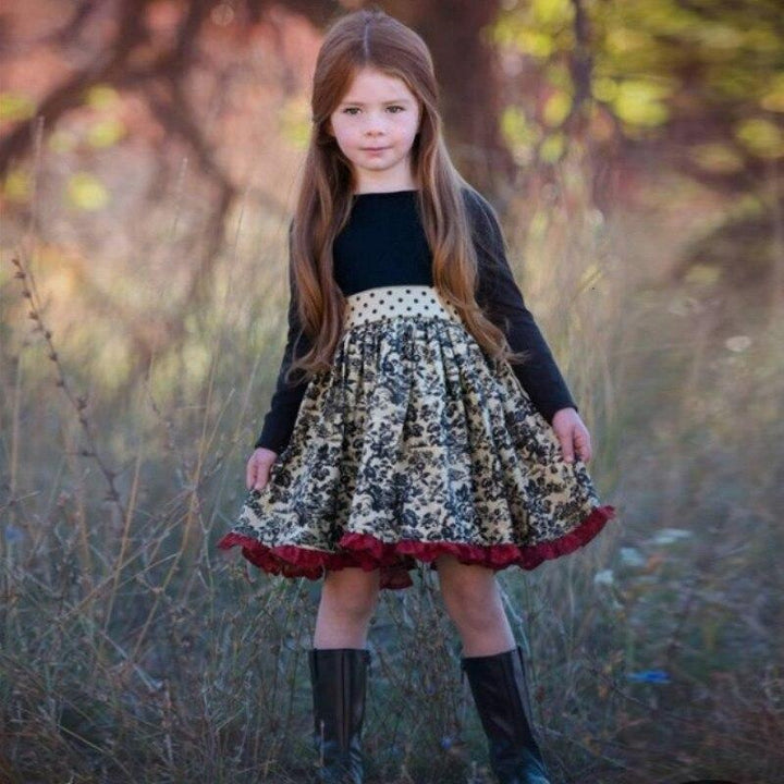 Girls Spring Autum Dress Kids Flower Pastoral Striped Dresses 3-12 Years - MomyMall Black / 3-4 Years