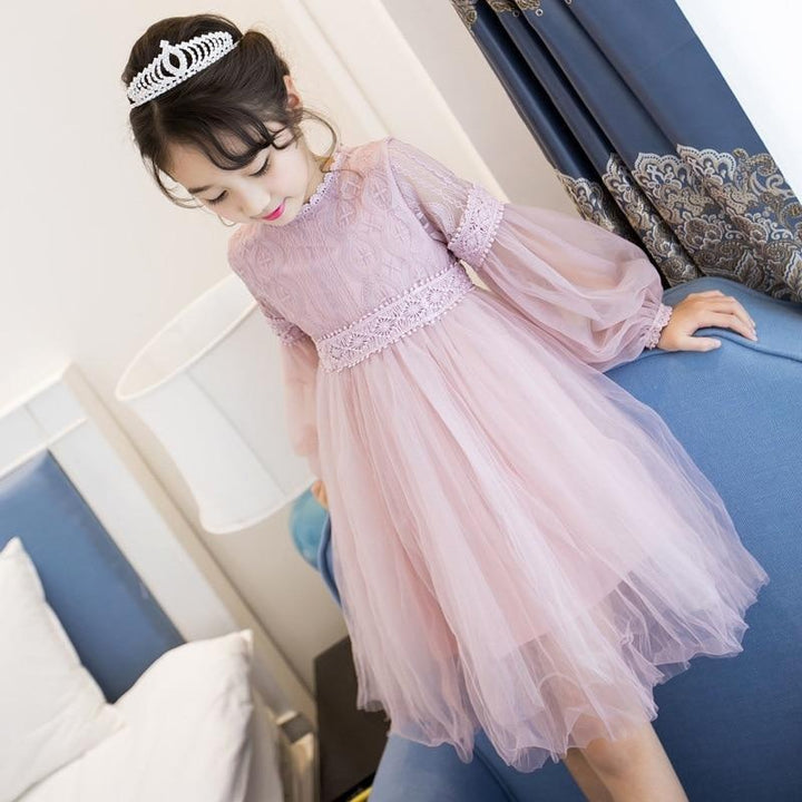 Kids Girls Lace Lantern Sleeve Wedding Tutu Ball Grown Party Princess Dresses - MomyMall pink / 3-4 Years