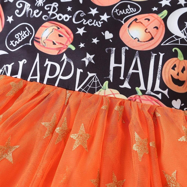 Girls Clothes Sets Long Sleeve Print Star Mesh Halloween Dresses 2Pcs 2-7Y - MomyMall