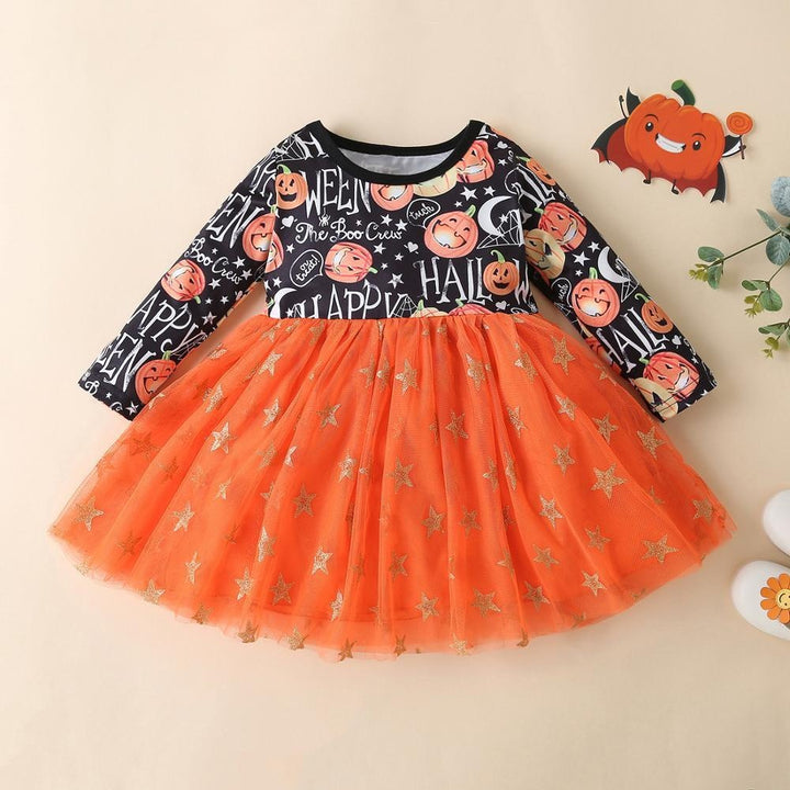 Girls Clothes Sets Long Sleeve Print Star Mesh Halloween Dresses 2Pcs 2-7Y - MomyMall Orange / 2-3 years