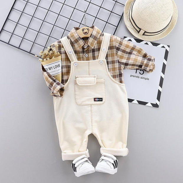 Baby Boys Cartoon Plaid Tops Bib 2Pcs Tracksuits 0-4 Years - MomyMall BLUE KHAKI / 6-12 Months