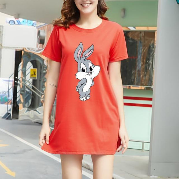 Short Sleeve 90s Bugs Bunny Mini T-Shirt Dress - MomyMall RED / M