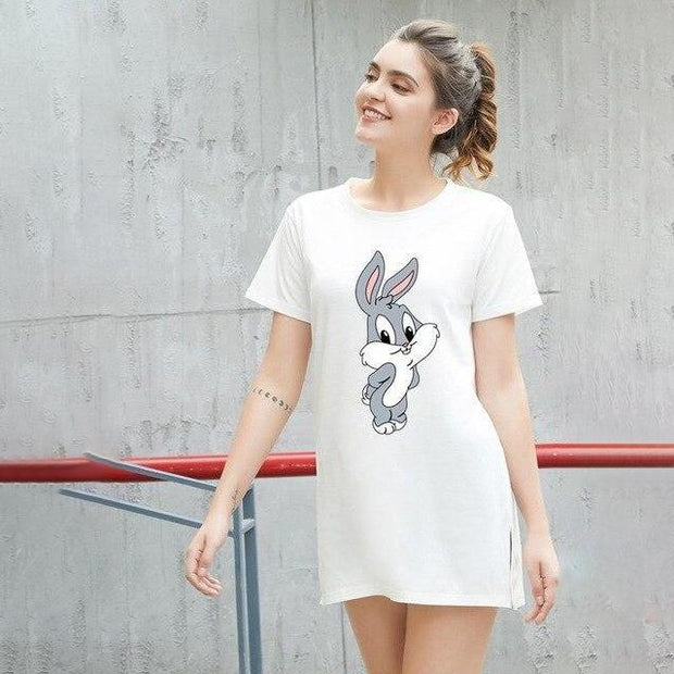 Short Sleeve 90s Bugs Bunny Mini T-Shirt Dress - MomyMall WHITE / M