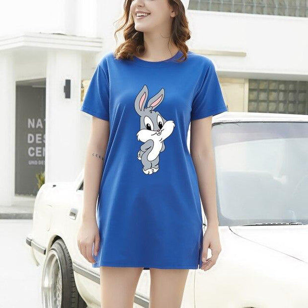 Short Sleeve 90s Bugs Bunny Mini T-Shirt Dress - MomyMall BLUE / M