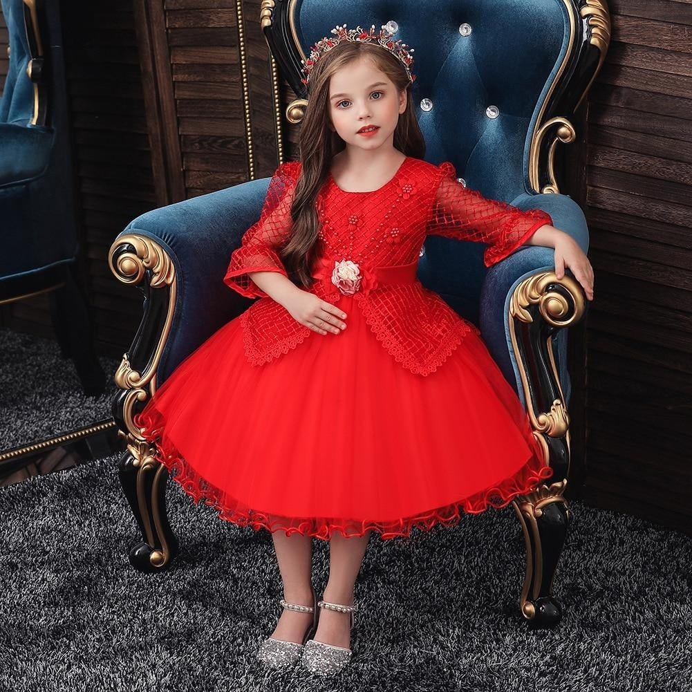 Kids Flower Girl Dress Evening Princess Party Wedding Dresses 3-12 Years - MomyMall Red / 3-4 Years