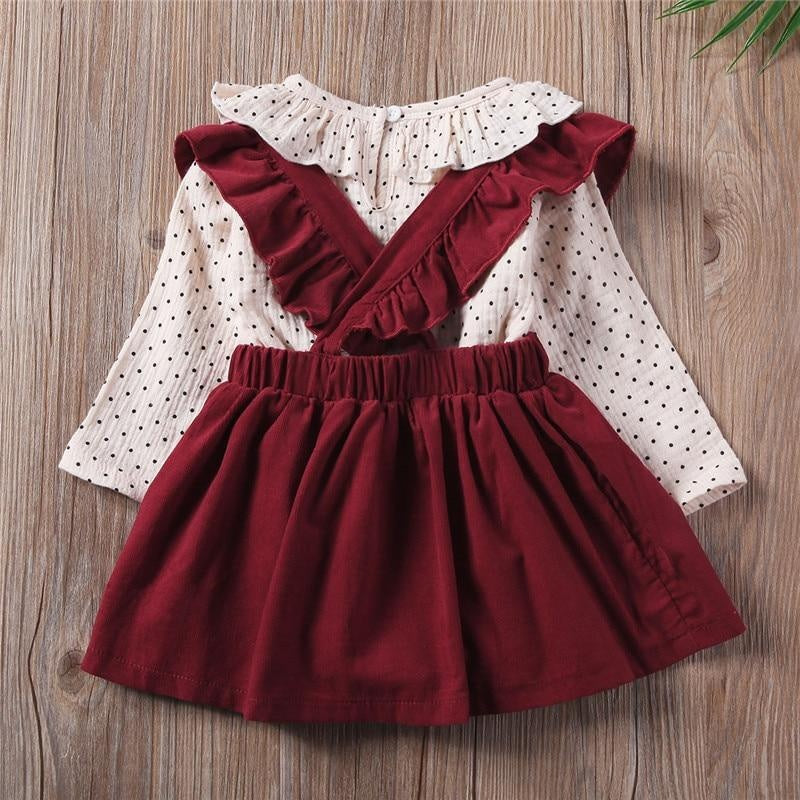 Girl Ruffles Polka Dot Print Tops Strap Dresses 2 Pcs