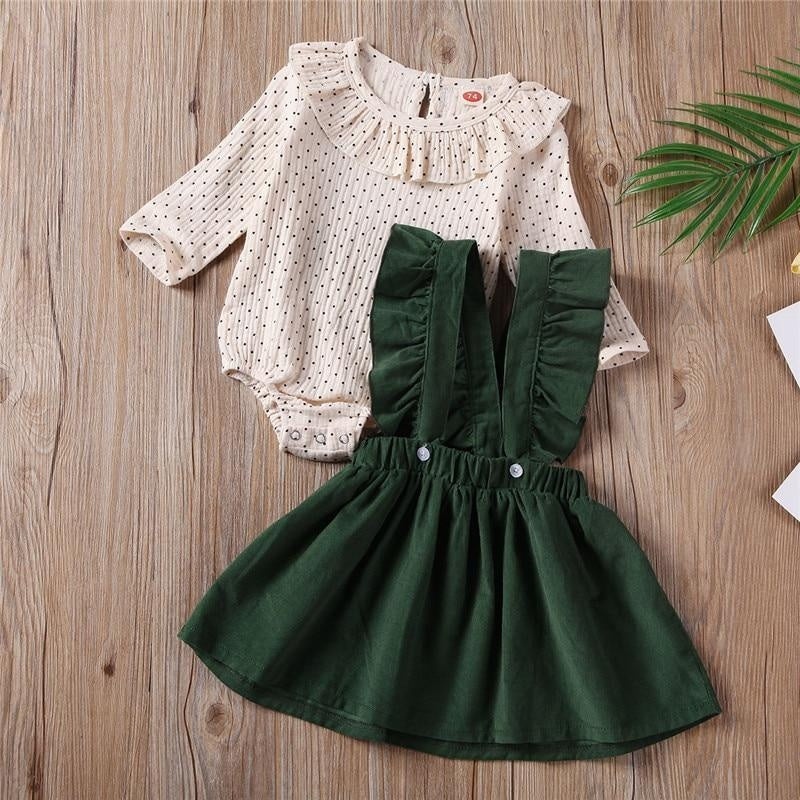 Girl Ruffles Polka Dot Print Tops Strap Dresses 2 Pcs