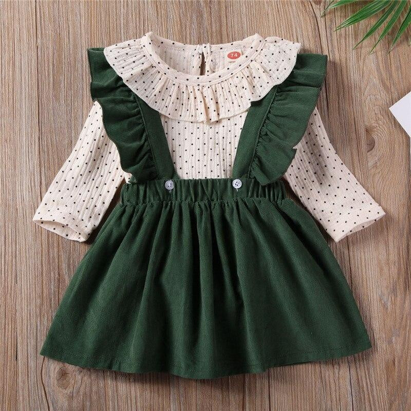 Girl Ruffles Polka Dot Print Tops Strap Dresses 2 Pcs