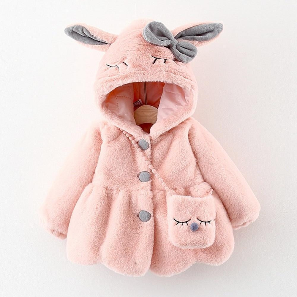 Winter Girls Warm Velvet Faux Fur Jacket Hooded Thicken Coat - MomyMall Pink / 6-9 Months