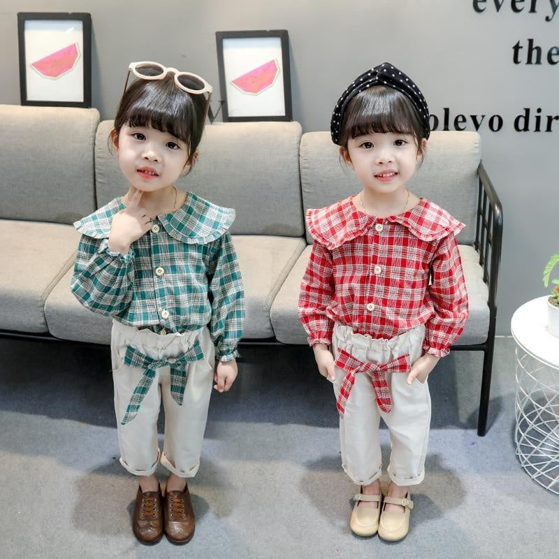 Toddler Girls Autumn Suit Lapel Plaid Casual 2 Pcs Suit - MomyMall