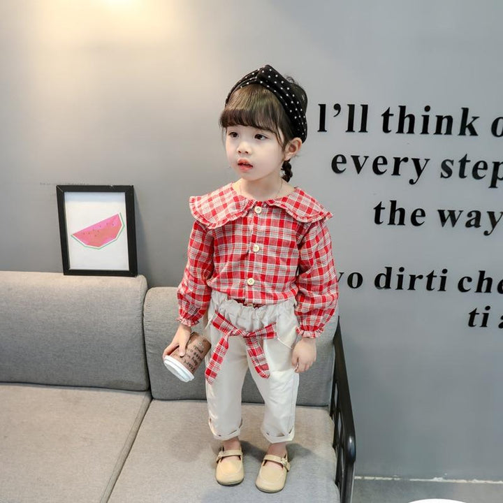 Toddler Girls Autumn Suit Lapel Plaid Casual 2 Pcs Suit - MomyMall Red / 6-12 Months