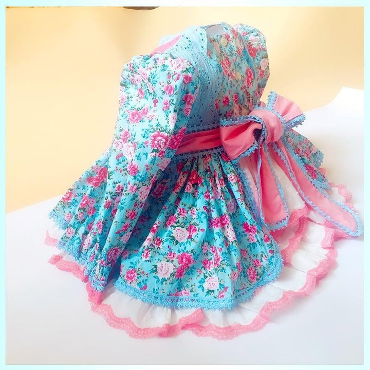 Baby Girls Floral Dress Long Sleeve Princess Birthday Party Dresses 1-5 Years - MomyMall Blue Dress and Hat / 1-2 Years
