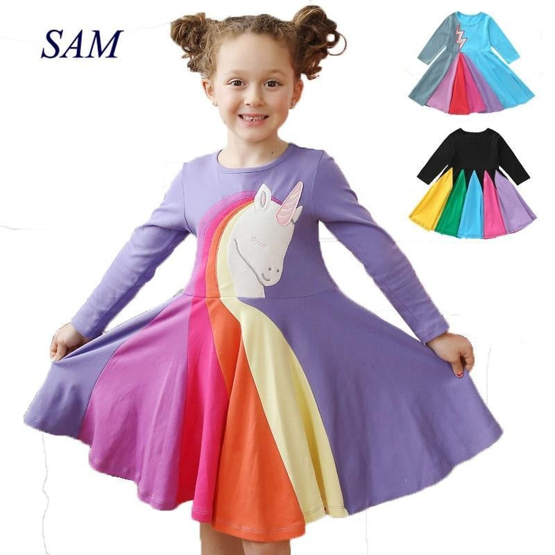 Kids Girl Rainbow Long-sleeved Cartoon Embroidered Cusual Dresses 2-7 Years - MomyMall