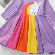 Kids Girl Rainbow Long-sleeved Cartoon Embroidered Cusual Dresses 2-7 Years - MomyMall