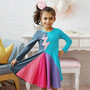 Kids Girl Rainbow Long-sleeved Cartoon Embroidered Cusual Dresses 2-7 Years - MomyMall Blue / 2-3Years