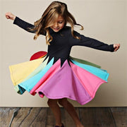 Kids Girl Rainbow Long-sleeved Cartoon Embroidered Cusual Dresses 2-7 Years - MomyMall Black / 2-3Years