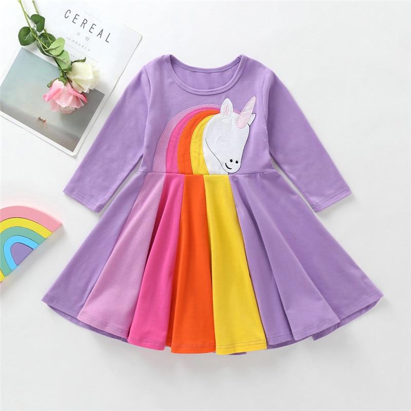 Kids Girl Rainbow Long-sleeved Cartoon Embroidered Cusual Dresses 2-7 Years - MomyMall