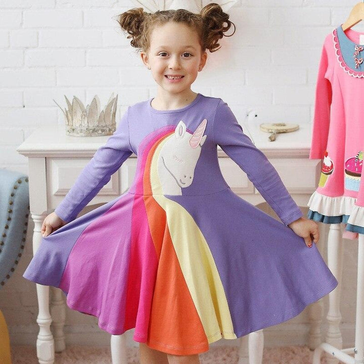 Kids Girl Rainbow Long-sleeved Cartoon Embroidered Cusual Dresses 2-7 Years - MomyMall Purple / 2-3Years